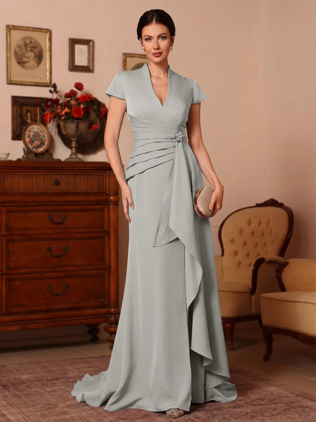 Trumpet Mermaid V Neck Stretch Satin Mother Of The Bride Dresses Floor Length Sweep Train Cap Sleeves Ruffles