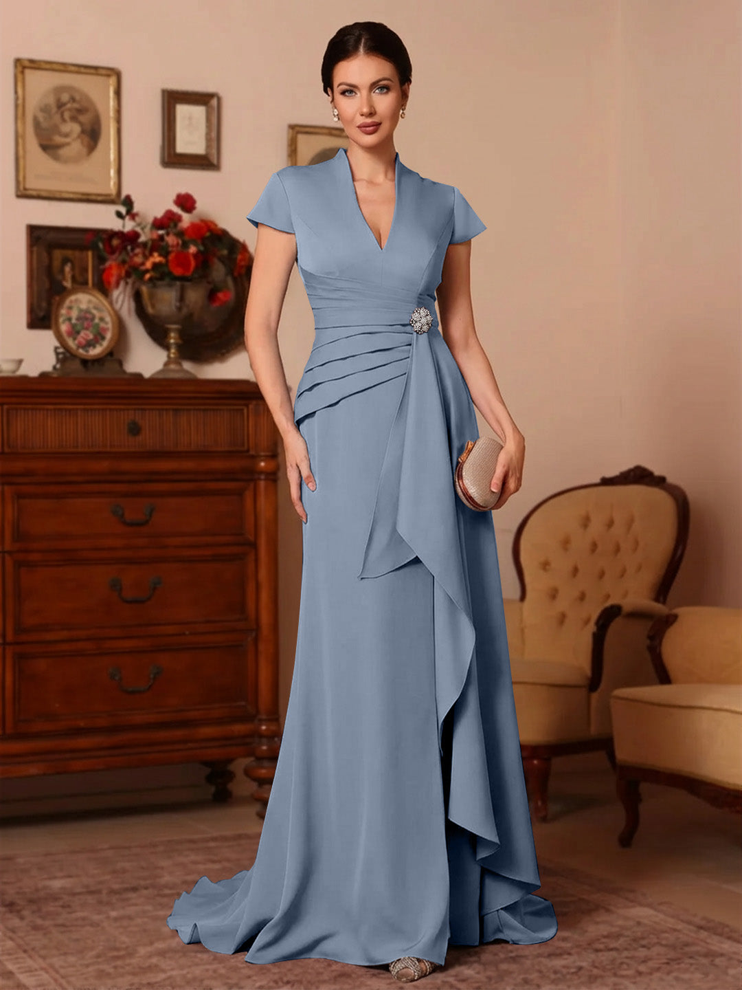 Trumpet Mermaid V Neck Stretch Satin Mother Of The Bride Dresses Floor Length Sweep Train Cap Sleeves Ruffles