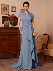 Trumpet Mermaid V Neck Stretch Satin Mother Of The Bride Dresses Floor Length Sweep Train Cap Sleeves Ruffles