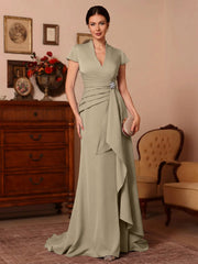 Trumpet Mermaid V Neck Stretch Satin Mother Of The Bride Dresses Floor Length Sweep Train Cap Sleeves Ruffles