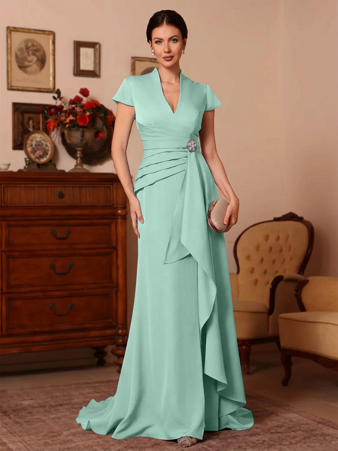 Trumpet Mermaid V Neck Stretch Satin Mother Of The Bride Dresses Floor Length Sweep Train Cap Sleeves Ruffles