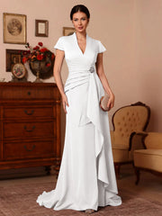 Trumpet Mermaid V Neck Stretch Satin Mother Of The Bride Dresses Floor Length Sweep Train Cap Sleeves Ruffles