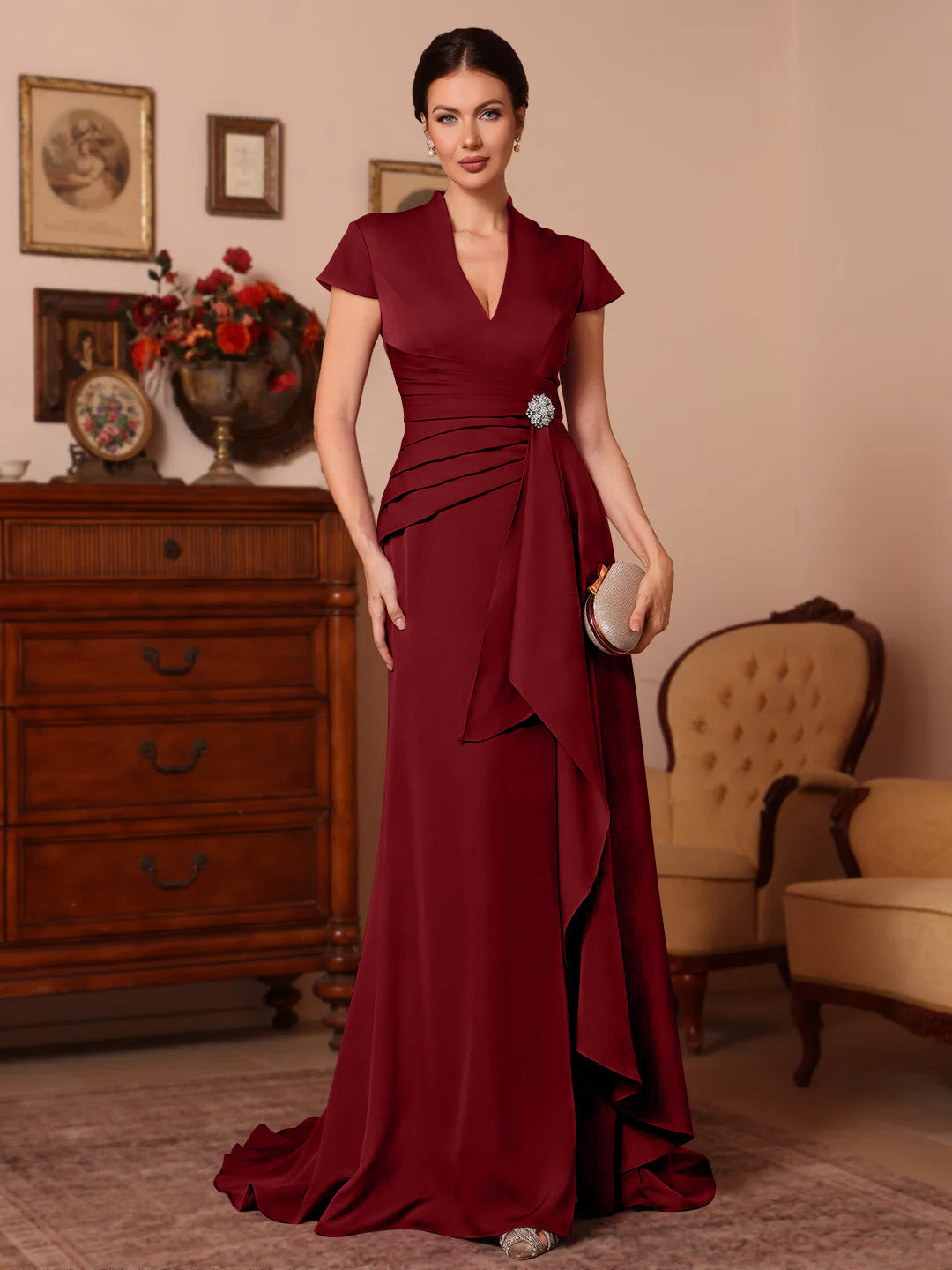 Trumpet Mermaid V Neck Stretch Satin Mother Of The Bride Dresses Floor Length Sweep Train Cap Sleeves Ruffles