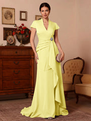 Trumpet Mermaid V Neck Stretch Satin Mother Of The Bride Dresses Floor Length Sweep Train Cap Sleeves Ruffles