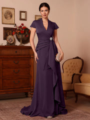 Trumpet Mermaid V Neck Stretch Satin Mother Of The Bride Dresses Floor Length Sweep Train Cap Sleeves Ruffles