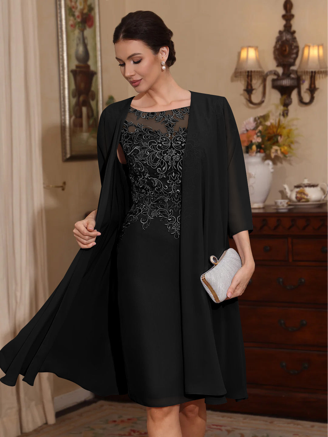 2 Pieces Sheath Column Scoop Chiffon Mother Of The Bride Dresses With Jacket Lace Knee Length 3 4 Sleeves