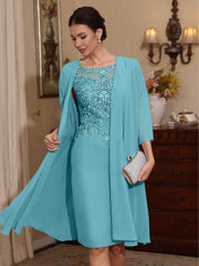 2 Pieces Sheath/Column Scoop Chiffon Mother of the Bride Dresses with Jacket Lace Knee-Length 3/4 Sleeves