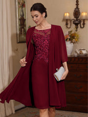 2 Pieces Sheath Column Scoop Chiffon Mother Of The Bride Dresses With Jacket Lace Knee Length 3 4 Sleeves