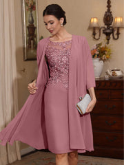 2 Pieces Sheath Column Scoop Chiffon Mother Of The Bride Dresses With Jacket Lace Knee Length 3 4 Sleeves