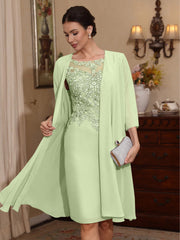 2 Pieces Sheath Column Scoop Chiffon Mother Of The Bride Dresses With Jacket Lace Knee Length 3 4 Sleeves