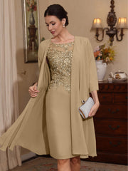 2 Pieces Sheath/Column Scoop Chiffon Mother of the Bride Dresses with Jacket Lace Knee-Length 3/4 Sleeves