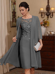 2 Pieces Sheath Column Scoop Chiffon Mother Of The Bride Dresses With Jacket Lace Knee Length 3 4 Sleeves