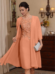2 Pieces Sheath Column Scoop Chiffon Mother Of The Bride Dresses With Jacket Lace Knee Length 3 4 Sleeves
