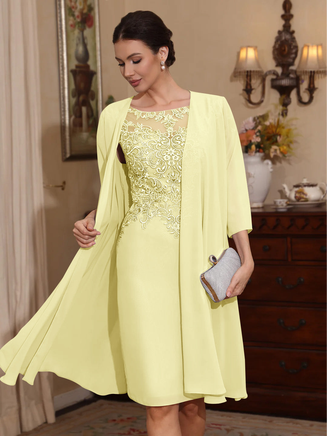 2 Pieces Sheath Column Scoop Chiffon Mother Of The Bride Dresses With Jacket Lace Knee Length 3 4 Sleeves