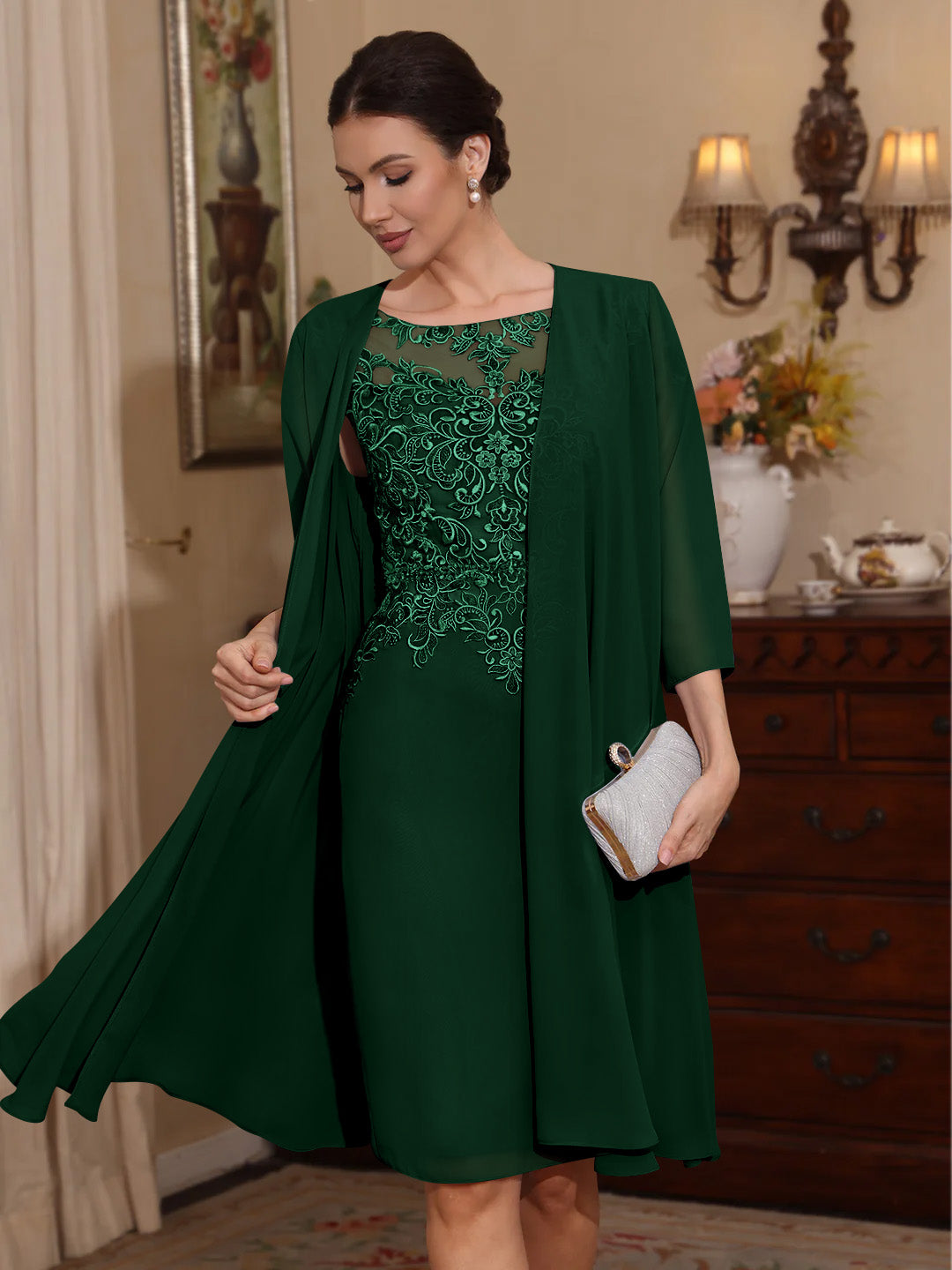 2 Pieces Sheath Column Scoop Chiffon Mother Of The Bride Dresses With Jacket Lace Knee Length 3 4 Sleeves
