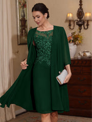 2 Pieces Sheath/Column Scoop Chiffon Mother of the Bride Dresses with Jacket Lace Knee-Length 3/4 Sleeves