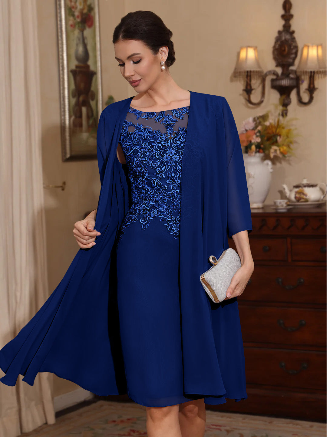 2 Pieces Sheath Column Scoop Chiffon Mother Of The Bride Dresses With Jacket Lace Knee Length 3 4 Sleeves