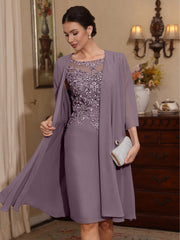 2 Pieces Sheath/Column Scoop Chiffon Mother of the Bride Dresses with Jacket Lace Knee-Length 3/4 Sleeves