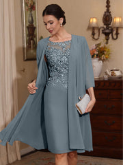 2 Pieces Sheath Column Scoop Chiffon Mother Of The Bride Dresses With Jacket Lace Knee Length 3 4 Sleeves