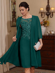2 Pieces Sheath Column Scoop Chiffon Mother Of The Bride Dresses With Jacket Lace Knee Length 3 4 Sleeves