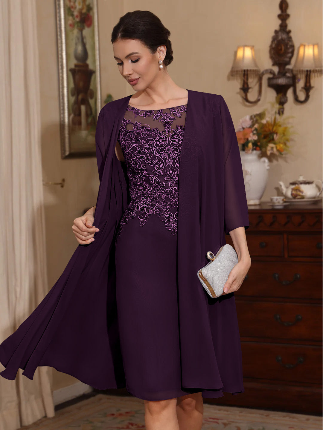 2 Pieces Sheath Column Scoop Chiffon Mother Of The Bride Dresses With Jacket Lace Knee Length 3 4 Sleeves