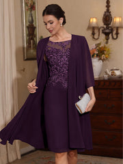 2 Pieces Sheath Column Scoop Chiffon Mother Of The Bride Dresses With Jacket Lace Knee Length 3 4 Sleeves