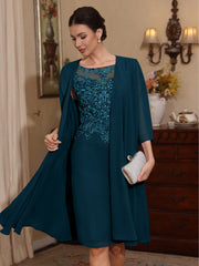 2 Pieces Sheath Column Scoop Chiffon Mother Of The Bride Dresses With Jacket Lace Knee Length 3 4 Sleeves