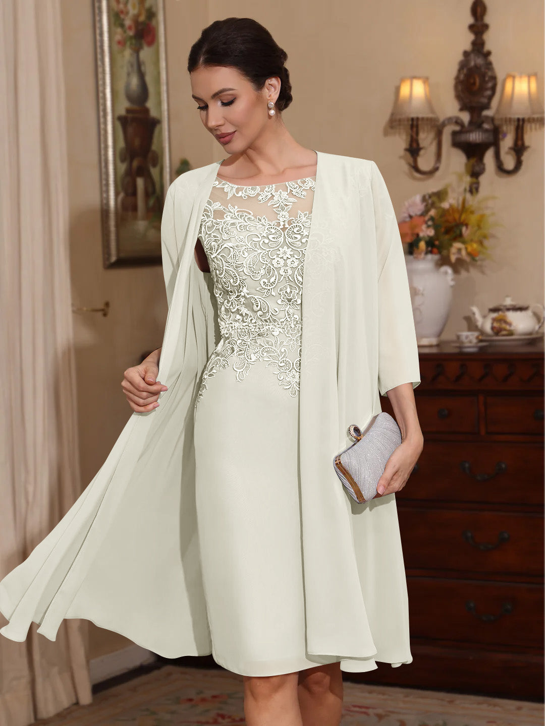 2 Pieces Sheath Column Scoop Chiffon Mother Of The Bride Dresses With Jacket Lace Knee Length 3 4 Sleeves