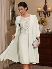 2 Pieces Sheath/Column Scoop Chiffon Mother of the Bride Dresses with Jacket Lace Knee-Length 3/4 Sleeves