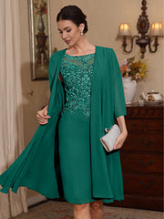 2 Pieces Sheath Column Scoop Chiffon Mother Of The Bride Dresses With Jacket Lace Knee Length 3 4 Sleeves