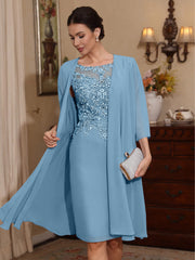 2 Pieces Sheath Column Scoop Chiffon Mother Of The Bride Dresses With Jacket Lace Knee Length 3 4 Sleeves