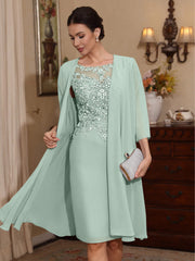 2 Pieces Sheath Column Scoop Chiffon Mother Of The Bride Dresses With Jacket Lace Knee Length 3 4 Sleeves