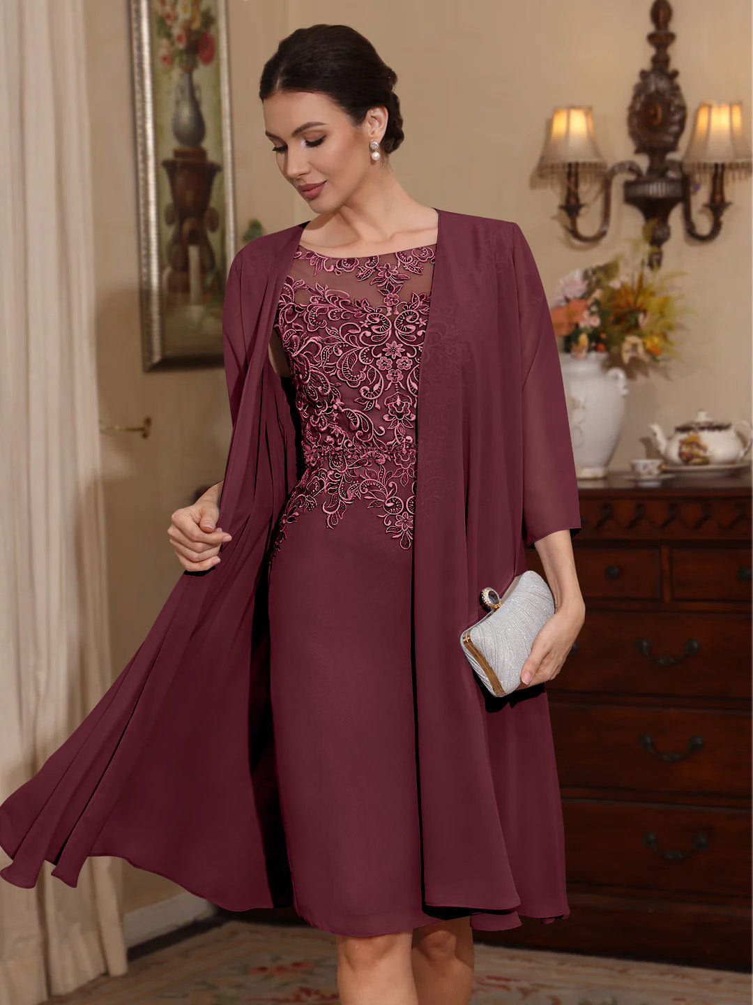 2 Pieces Sheath Column Scoop Chiffon Mother Of The Bride Dresses With Jacket Lace Knee Length 3 4 Sleeves