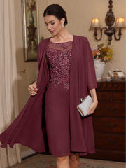 2 Pieces Sheath Column Scoop Chiffon Mother Of The Bride Dresses With Jacket Lace Knee Length 3 4 Sleeves