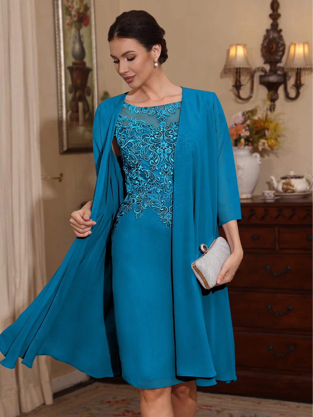 2 Pieces Sheath Column Scoop Chiffon Mother Of The Bride Dresses With Jacket Lace Knee Length 3 4 Sleeves