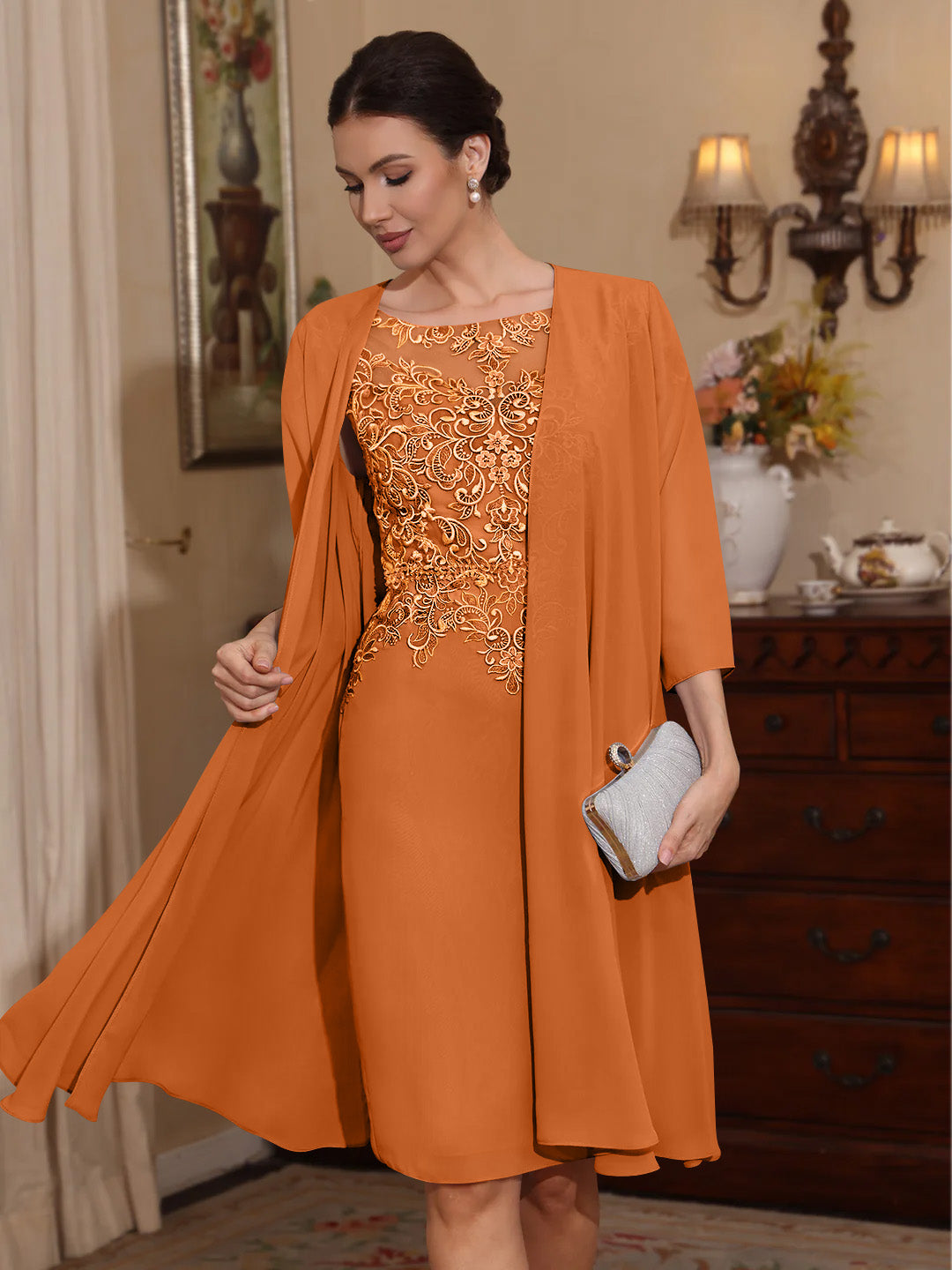 2 Pieces Sheath Column Scoop Chiffon Mother Of The Bride Dresses With Jacket Lace Knee Length 3 4 Sleeves