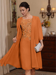2 Pieces Sheath/Column Scoop Chiffon Mother of the Bride Dresses with Jacket Lace Knee-Length 3/4 Sleeves