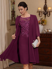 2 Pieces Sheath Column Scoop Chiffon Mother Of The Bride Dresses With Jacket Lace Knee Length 3 4 Sleeves