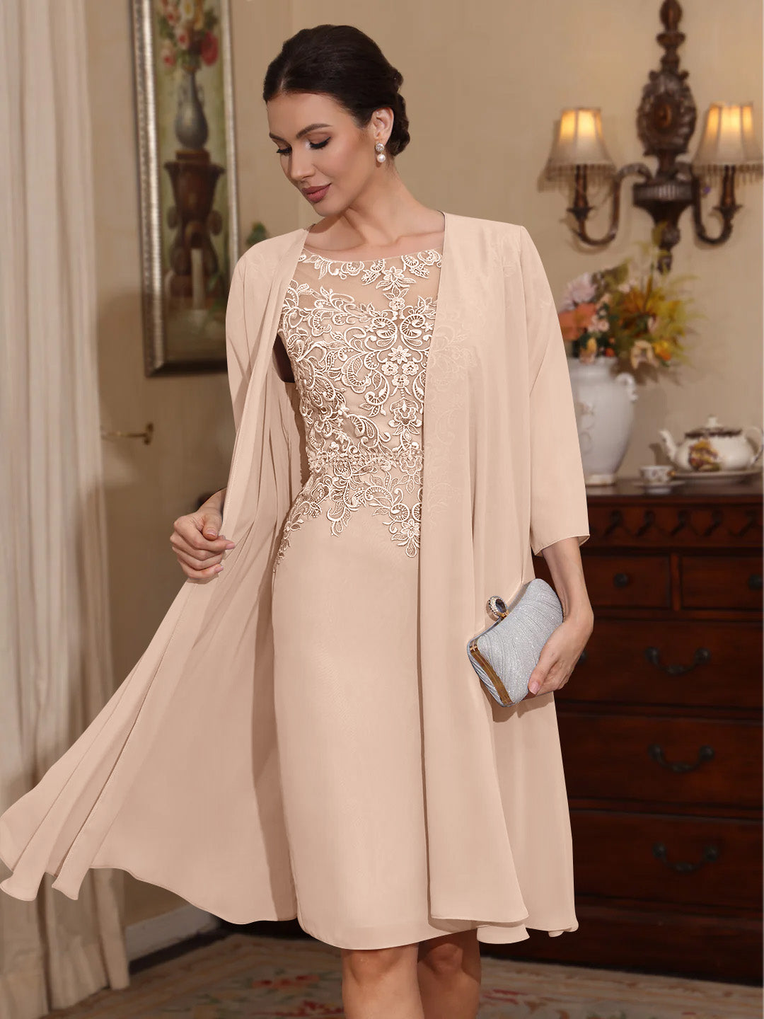 2 Pieces Sheath Column Scoop Chiffon Mother Of The Bride Dresses With Jacket Lace Knee Length 3 4 Sleeves