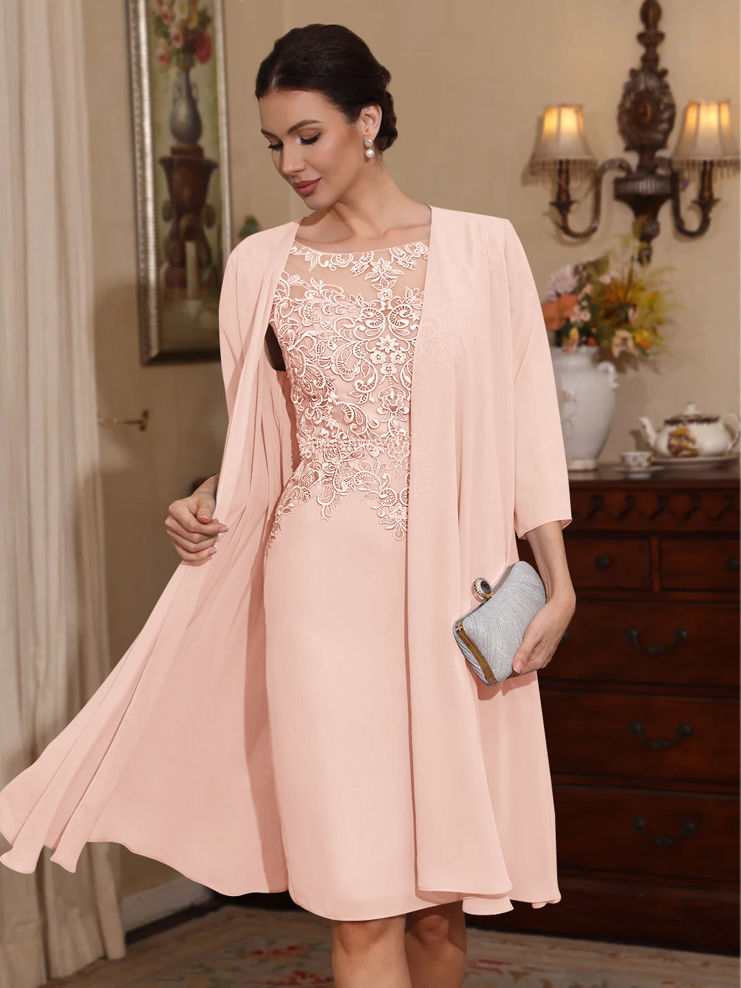 2 Pieces Sheath Column Scoop Chiffon Mother Of The Bride Dresses With Jacket Lace Knee Length 3 4 Sleeves
