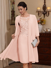 2 Pieces Sheath Column Scoop Chiffon Mother Of The Bride Dresses With Jacket Lace Knee Length 3 4 Sleeves