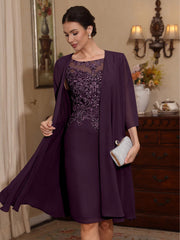 2 Pieces Sheath/Column Scoop Chiffon Mother of the Bride Dresses with Jacket Lace Knee-Length 3/4 Sleeves