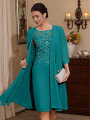 2 Pieces Sheath Column Scoop Chiffon Mother Of The Bride Dresses With Jacket Lace Knee Length 3 4 Sleeves