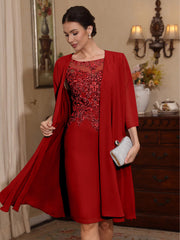 2 Pieces Sheath Column Scoop Chiffon Mother Of The Bride Dresses With Jacket Lace Knee Length 3 4 Sleeves