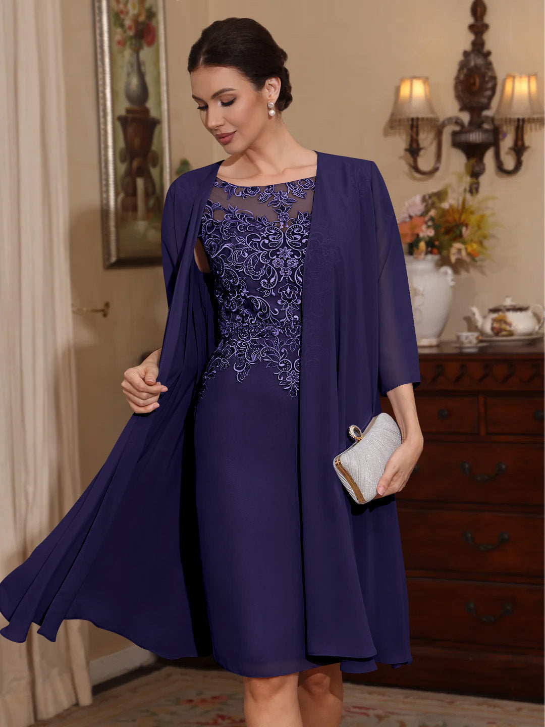 2 Pieces Sheath Column Scoop Chiffon Mother Of The Bride Dresses With Jacket Lace Knee Length 3 4 Sleeves