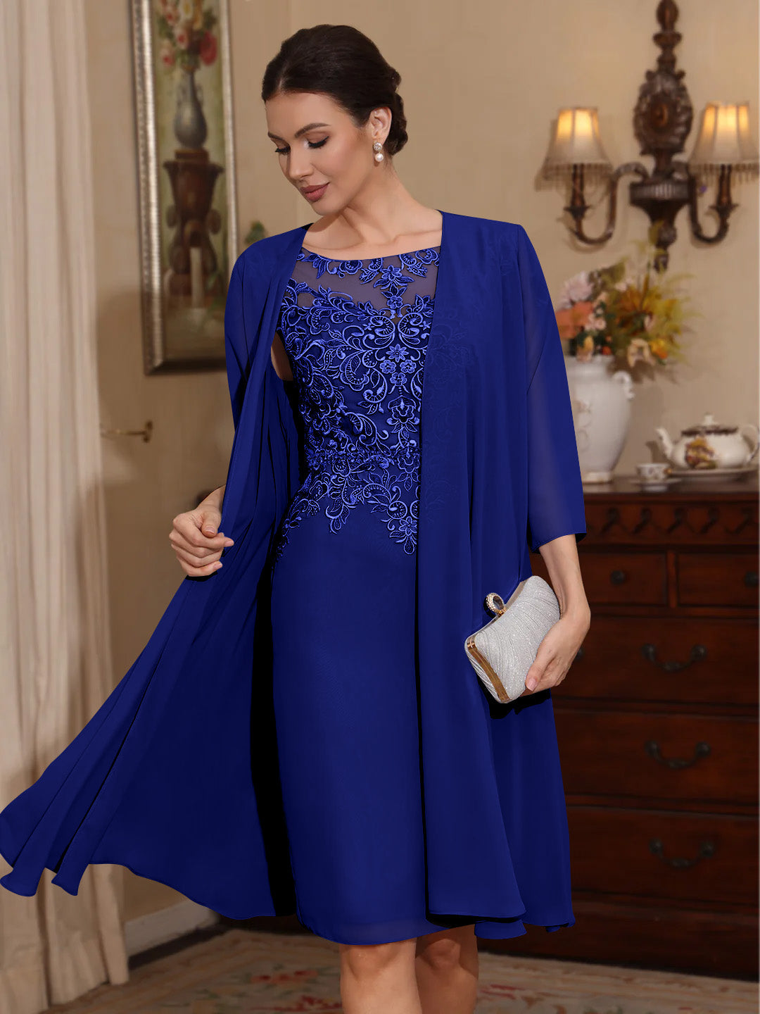 2 Pieces Sheath Column Scoop Chiffon Mother Of The Bride Dresses With Jacket Lace Knee Length 3 4 Sleeves