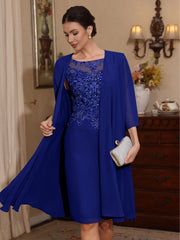 2 Pieces Sheath/Column Scoop Chiffon Mother of the Bride Dresses with Jacket Lace Knee-Length 3/4 Sleeves