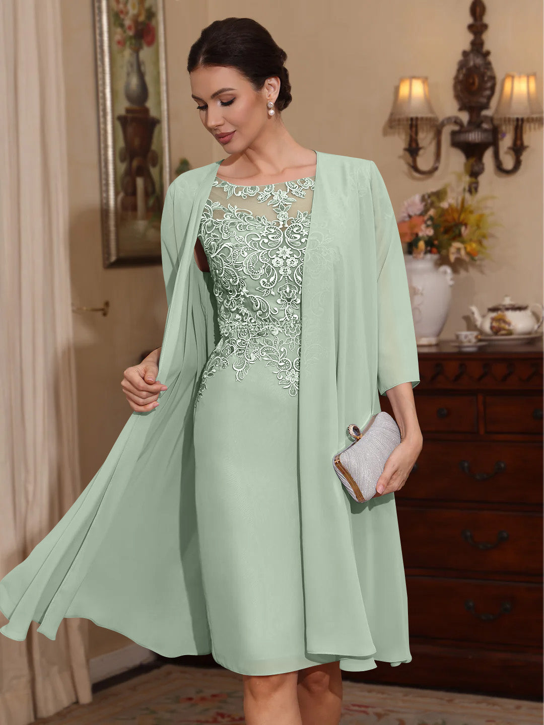 2 Pieces Sheath Column Scoop Chiffon Mother Of The Bride Dresses With Jacket Lace Knee Length 3 4 Sleeves