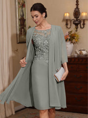 2 Pieces Sheath Column Scoop Chiffon Mother Of The Bride Dresses With Jacket Lace Knee Length 3 4 Sleeves