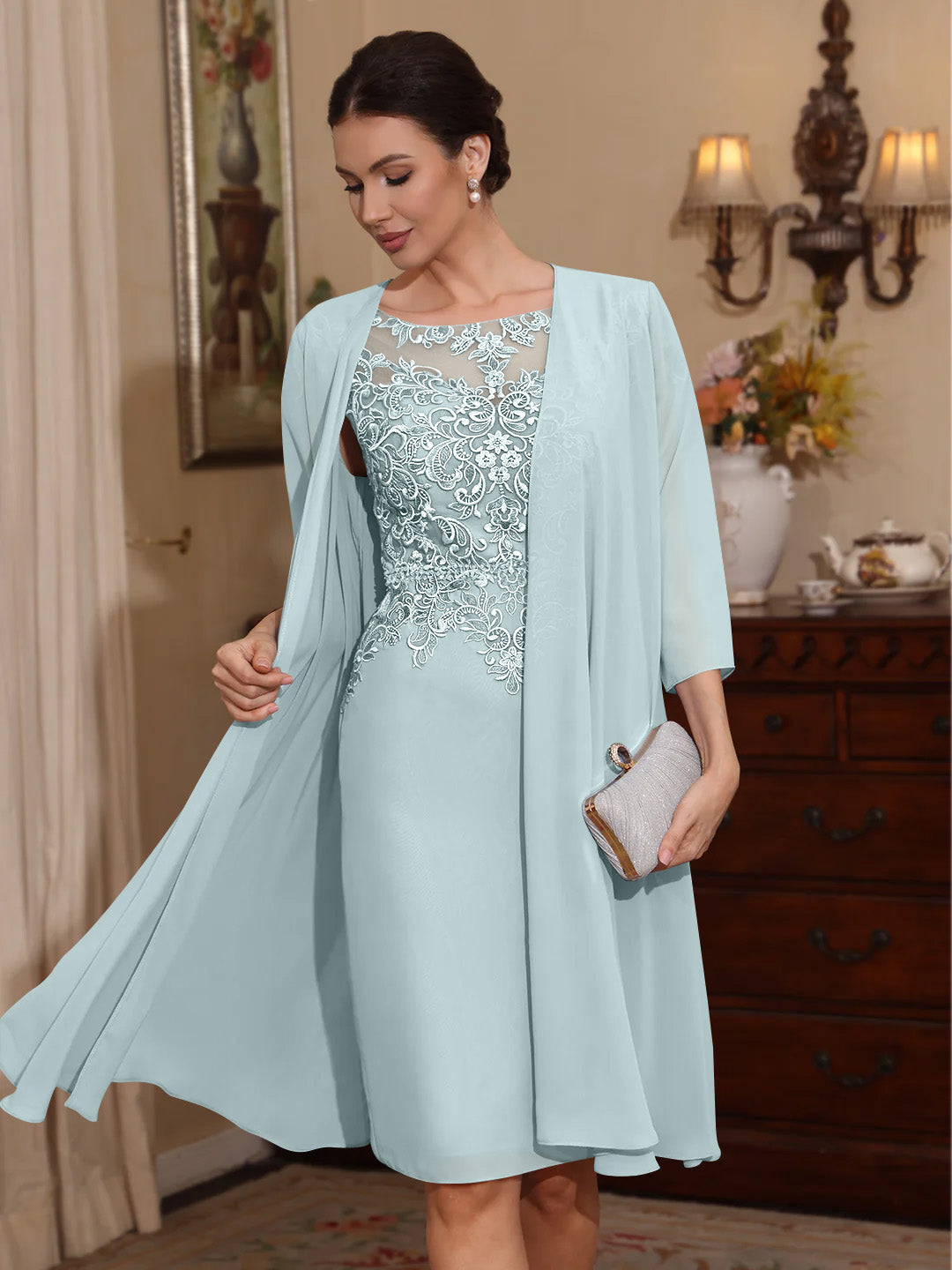 2 Pieces Sheath Column Scoop Chiffon Mother Of The Bride Dresses With Jacket Lace Knee Length 3 4 Sleeves